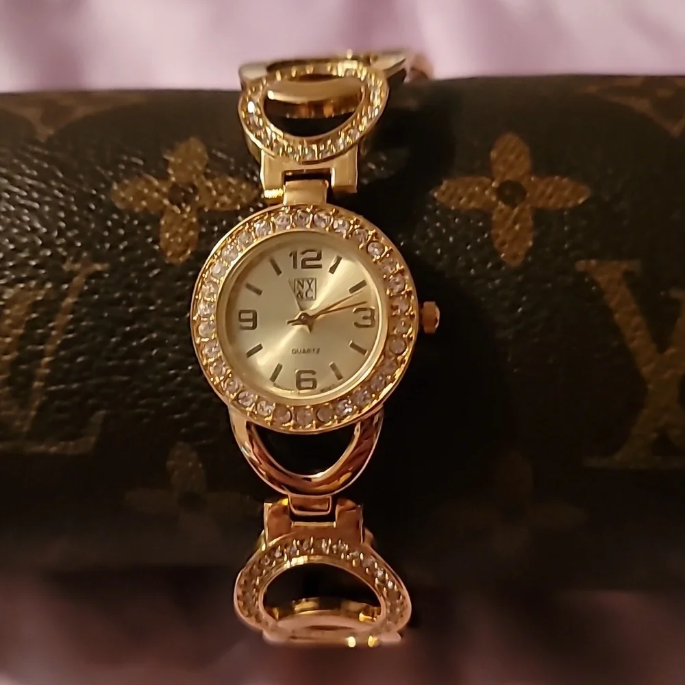 New York & Company Gold Circular Geometric Crystal Links Bracelet‎ Watch